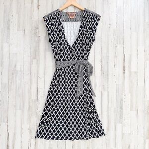 Tory Burch Wrap Dress Black Ivory Belted Geometric Diamond Print Women’s S